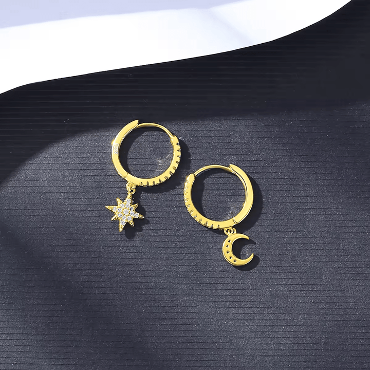 14K Gold Plated Sterling Huggie Style Moon and Star Earrings with CZs