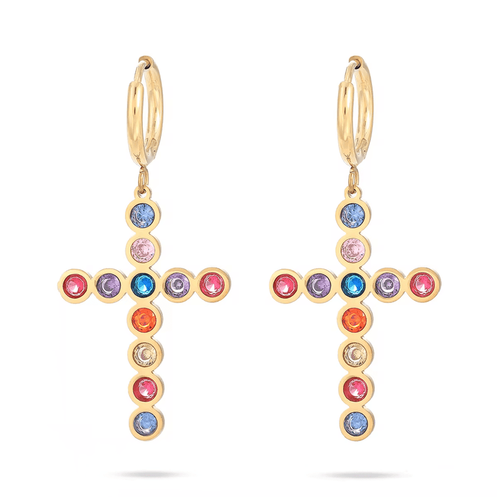 18K Gold Plated Crystal Cross Huggie Style Earrings