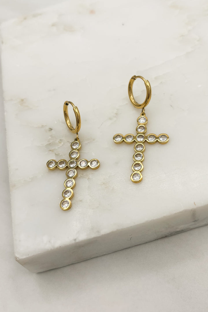 18K Gold Plated Crystal Cross Huggie Style Earrings