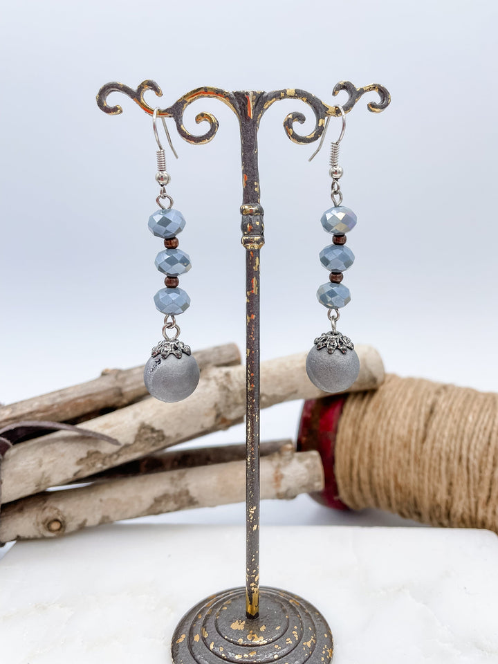 3 Bead Earring with Silver Druzy Stone