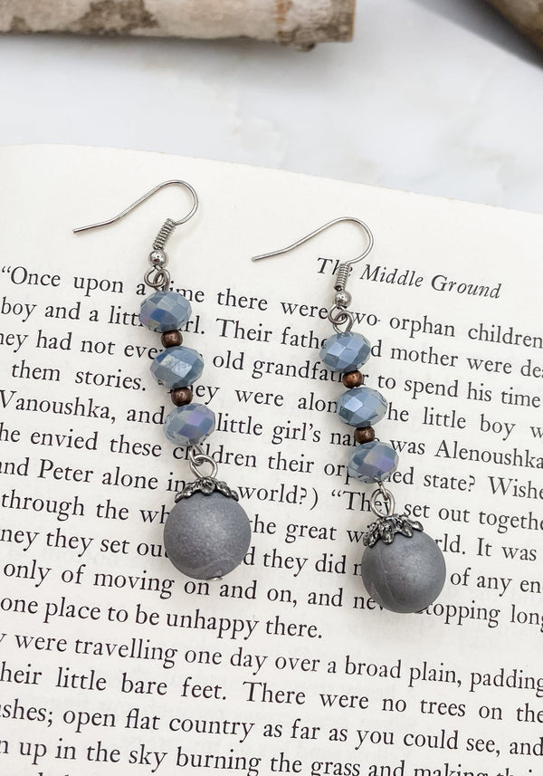 3 Bead Earring with Silver Druzy Stone