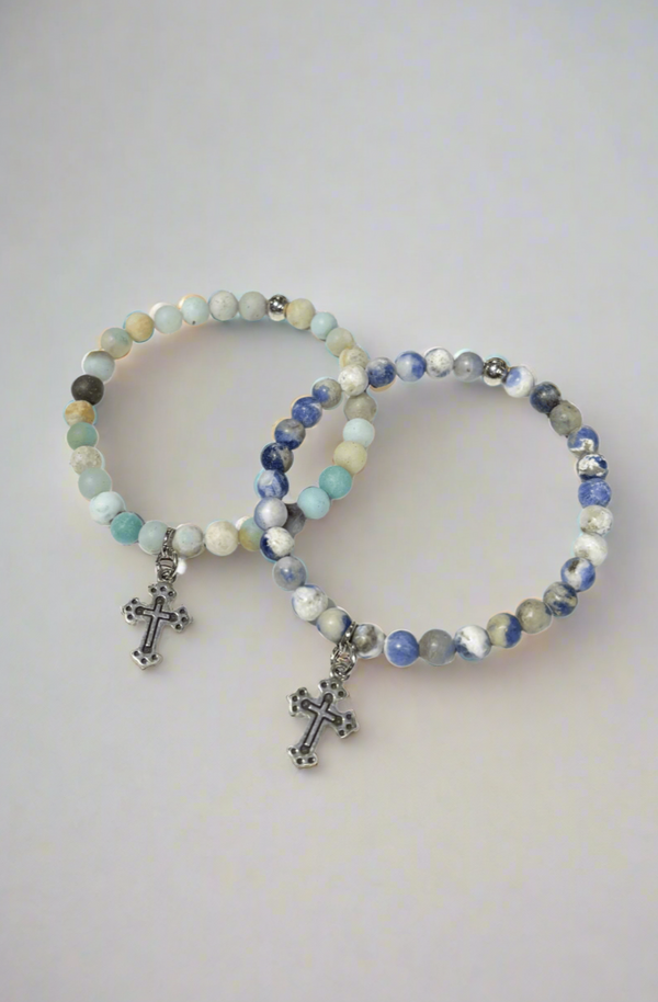 6MM Genuine Stone Bead with Elegant Cross Charm and Accent Bead