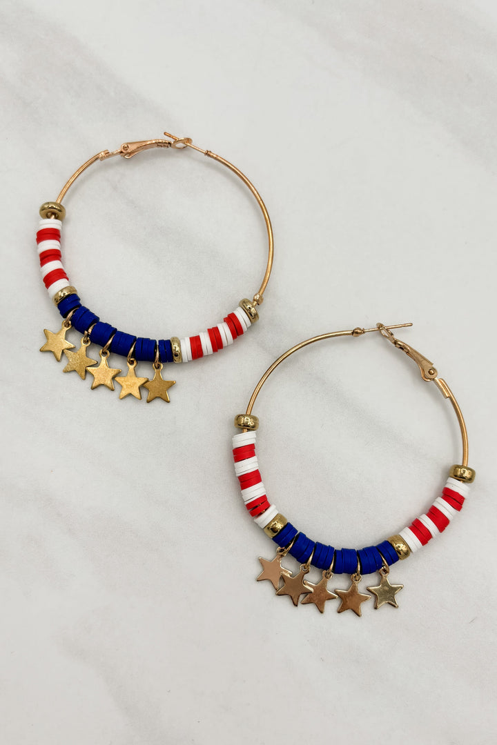 America Theme Large Heishi Beaded Gold Hoops