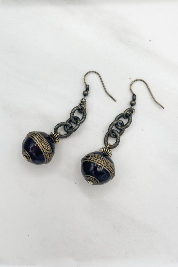 Antique Gold Etched Cable Earrings with Vintage Italian Beads