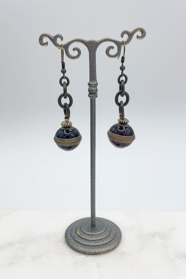 Antique Gold Etched Cable Earrings with Vintage Italian Beads