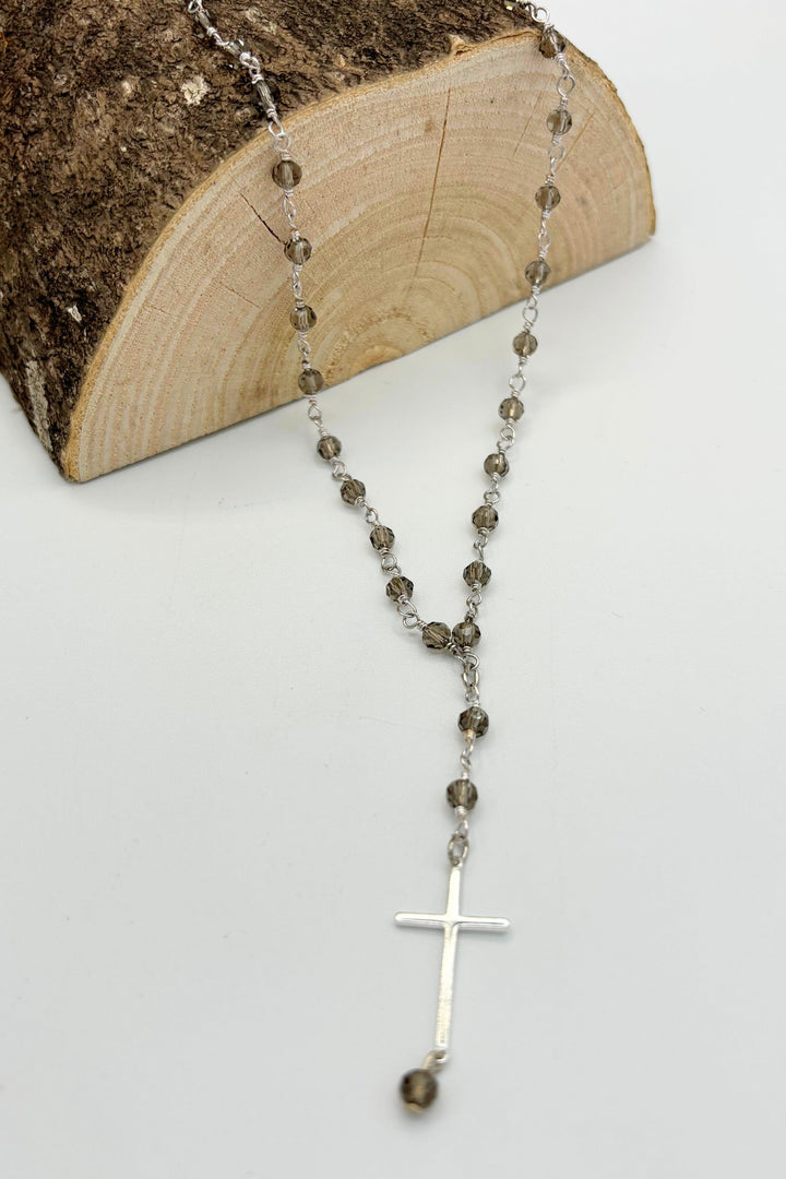 Ash Glass Short Beaded Necklace with Sleek Cross Charm