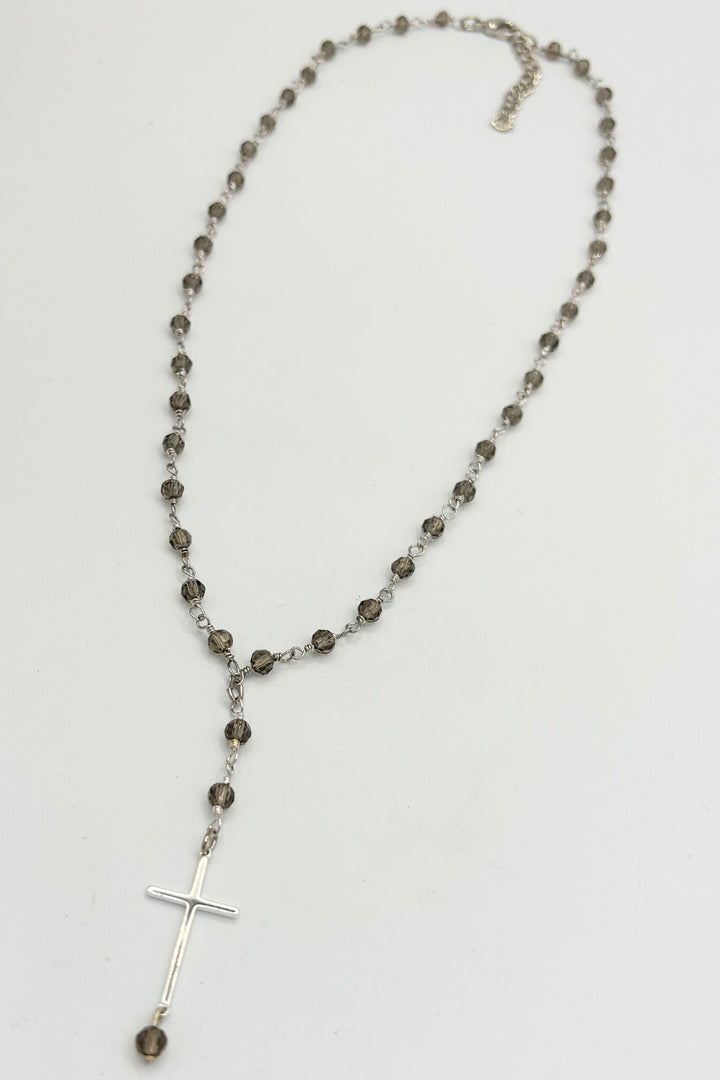 Ash Glass Short Beaded Necklace with Sleek Cross Charm