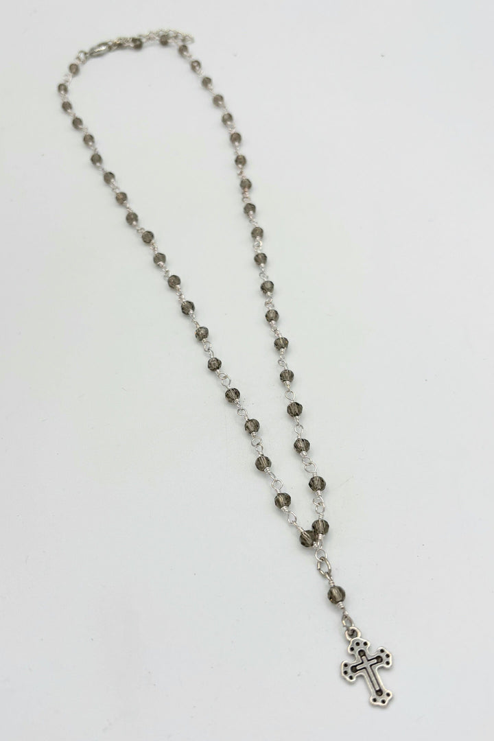 Ash Glass Short Beaded Necklace with Small Decorative Cross Charm