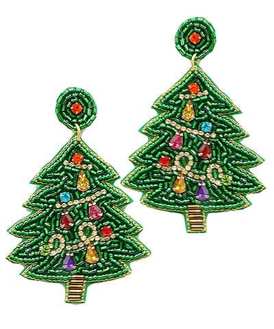 Beaded Christmas Tree Felt Back Earrings with Crystal Ornaments