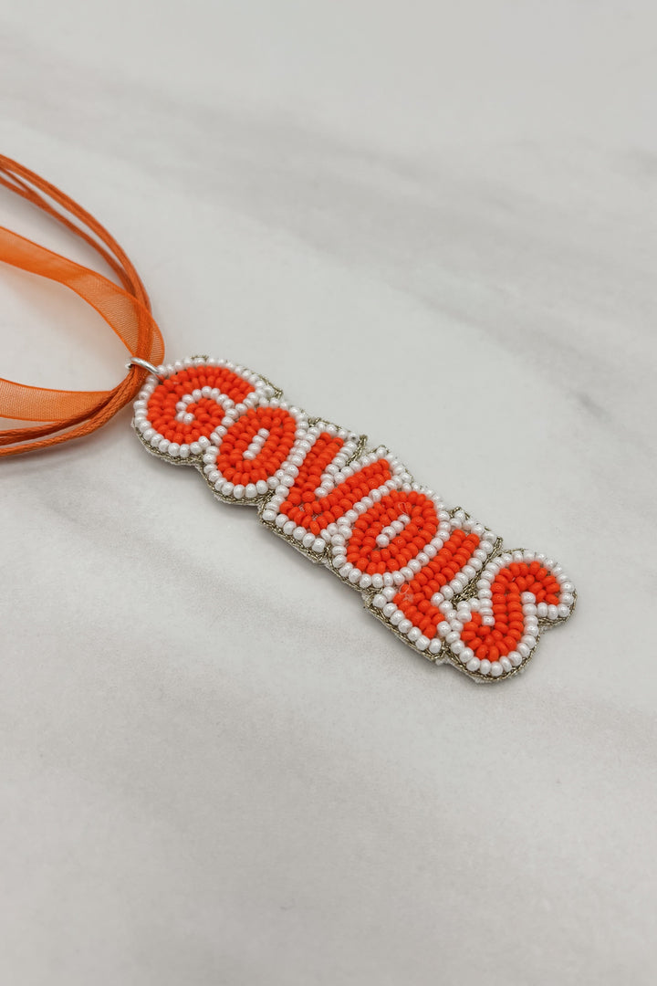 Beaded "Go Vols" Ribbon and Leather Cord Short Necklace