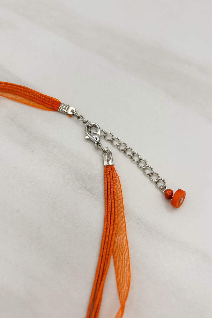 Beaded "Go Vols" Ribbon and Leather Cord Short Necklace