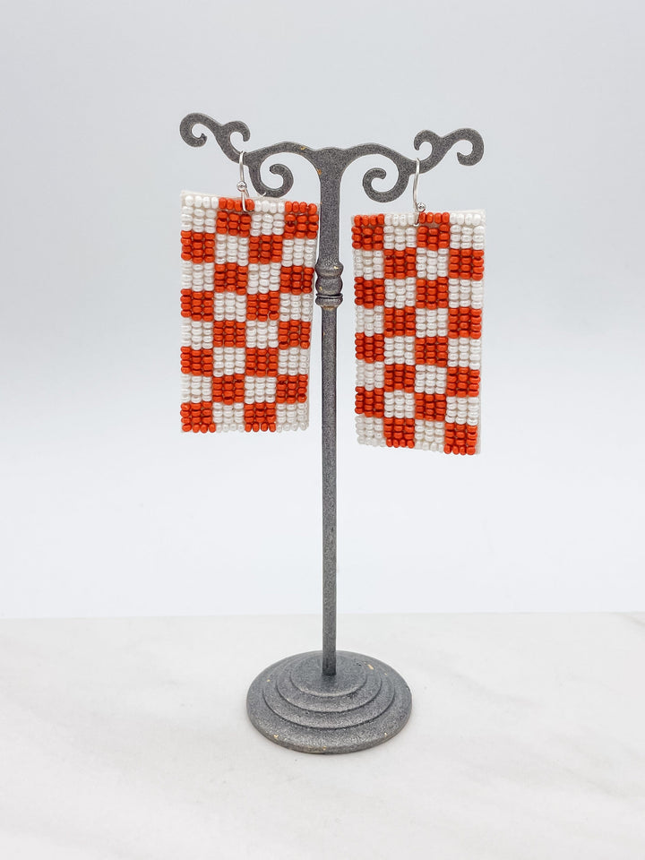 Beaded Orange and White Checkerboard Dangle Earrings