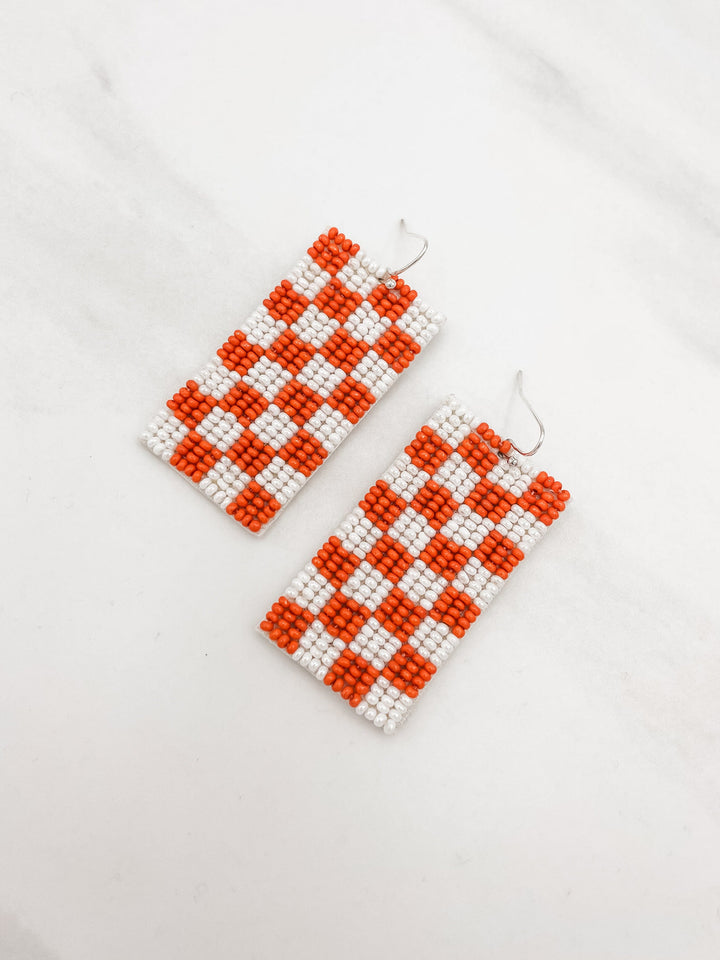 Beaded Orange and White Checkerboard Dangle Earrings