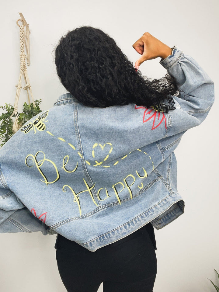 Bee Happy Hand Painted Distressed Denim Jacket Size Small