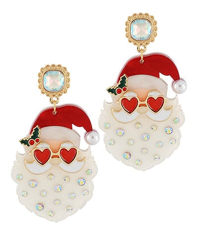 Bejeweled Heart Sunglasses Santa Head Christmas Dangle Earrings