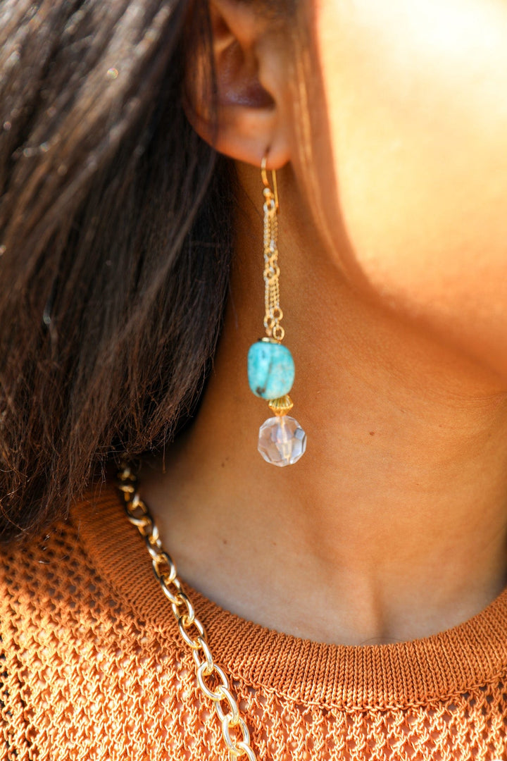 Blue and Gold Dangle Earrings with Clear Faceted Beads