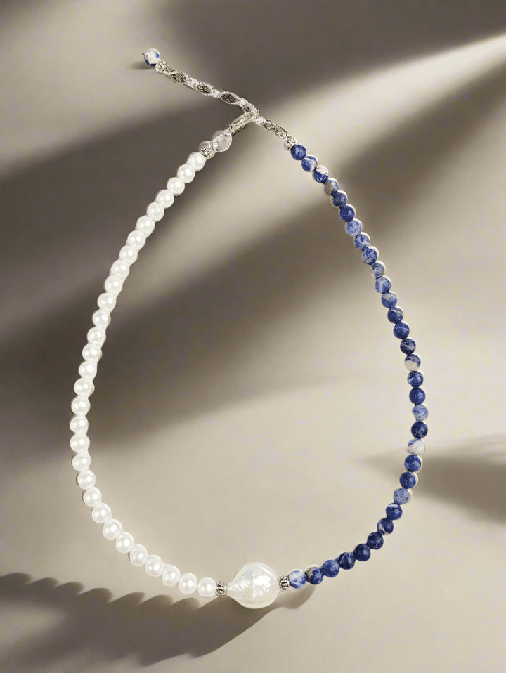 Blue Surf Necklace with Blue Sodalite Beads and Freshwater Pearls