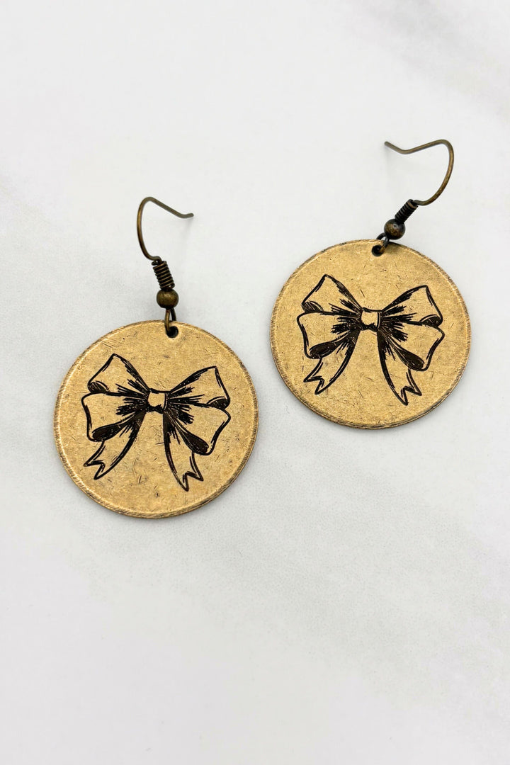 Bow Engraved Metal Coin Simple Dangle Earrings