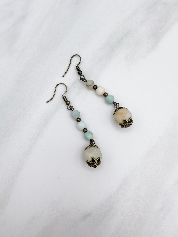 Bronze Metal Dangle Earrings with 3 Beads and Genuine Stone Charm