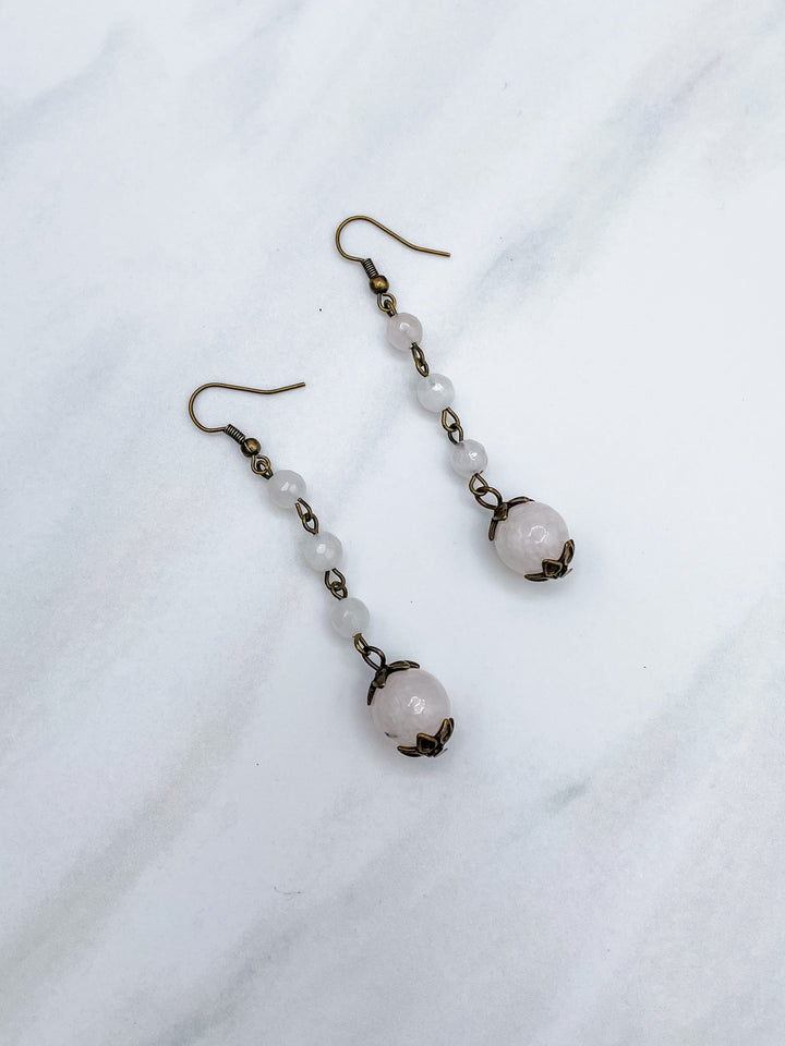 Bronze Metal Dangle Earrings with 3 Beads and Genuine Stone Charm