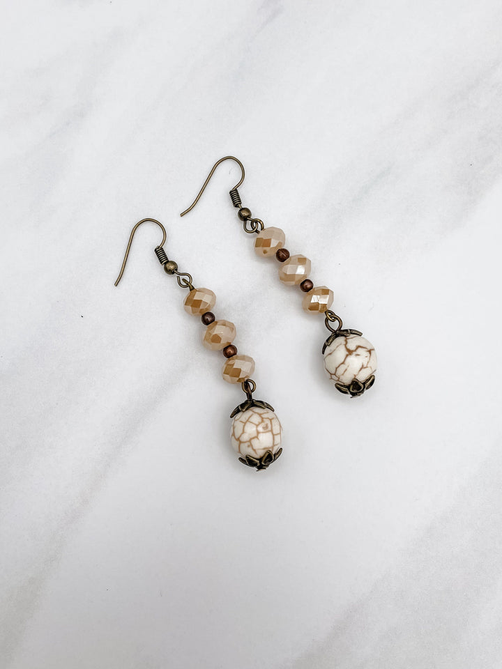 Bronze Metal Dangle Earrings with 3 Beads and Genuine Stone Charm