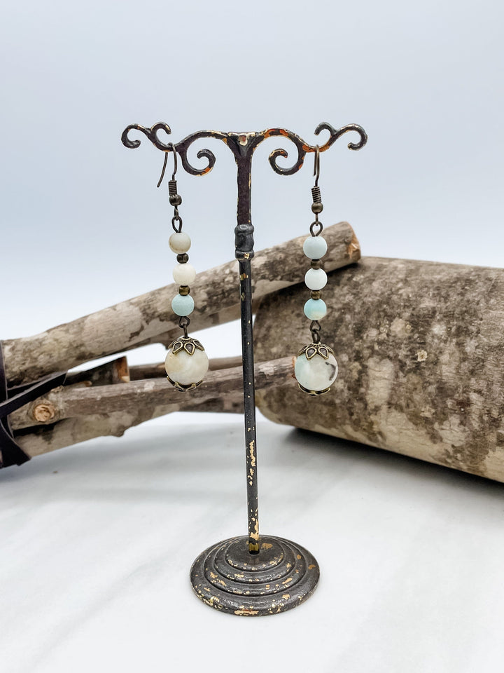 Bronze Metal Dangle Earrings with 3 Beads and Genuine Stone Charm