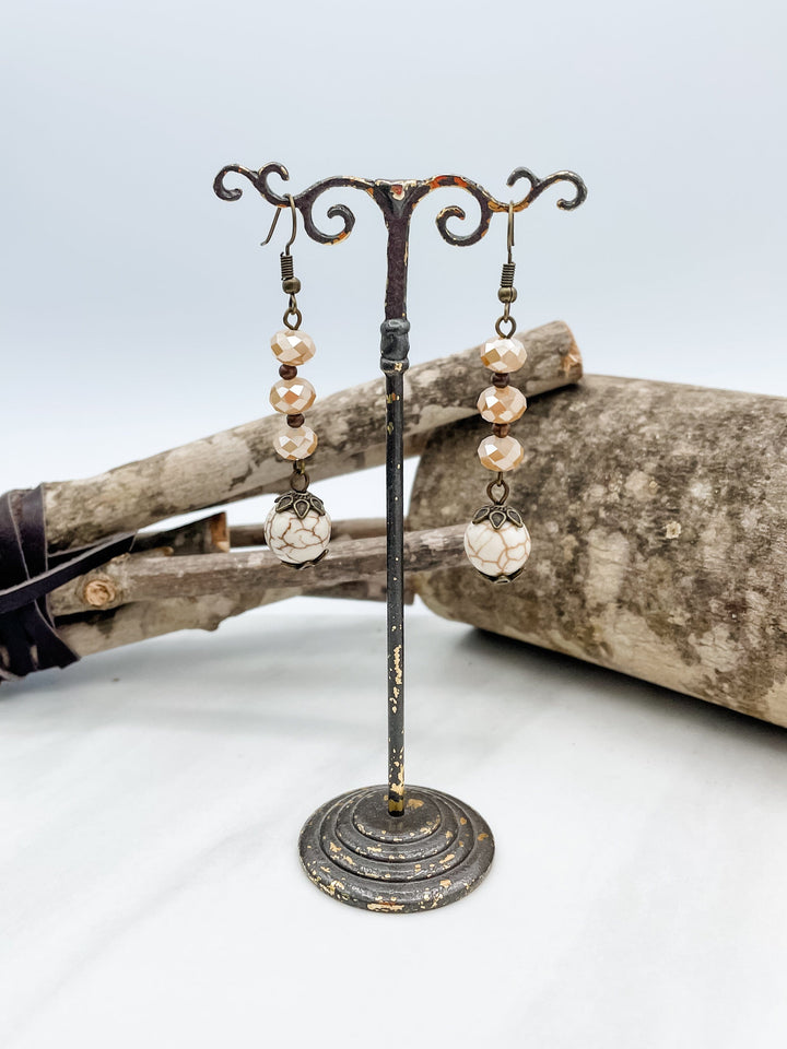 Bronze Metal Dangle Earrings with 3 Beads and Genuine Stone Charm