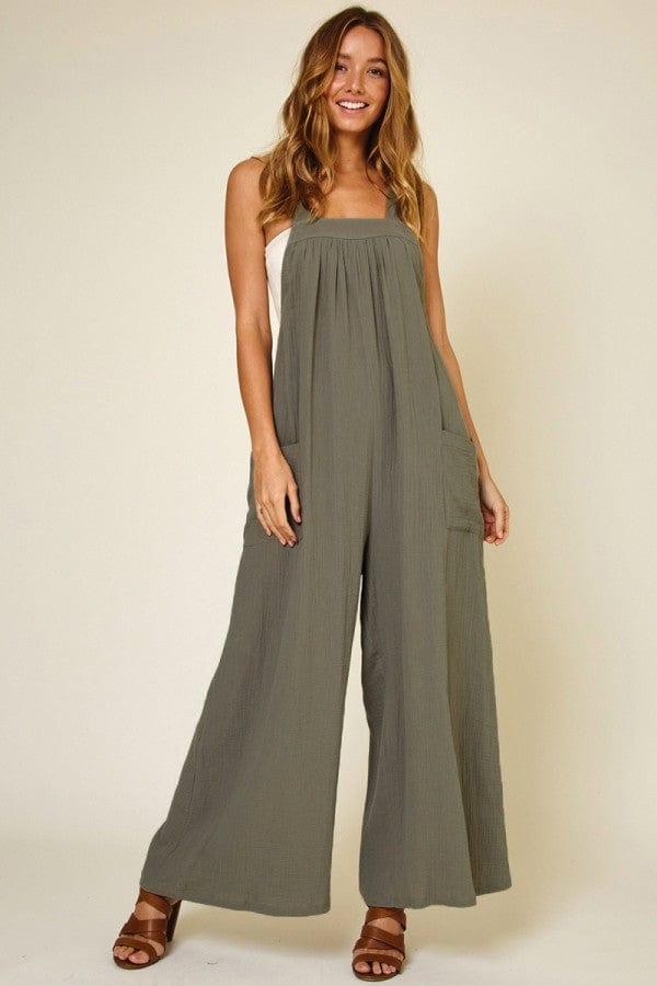 Ces Femme Cotton Gauze Solid Wide Leg Jumpsuit