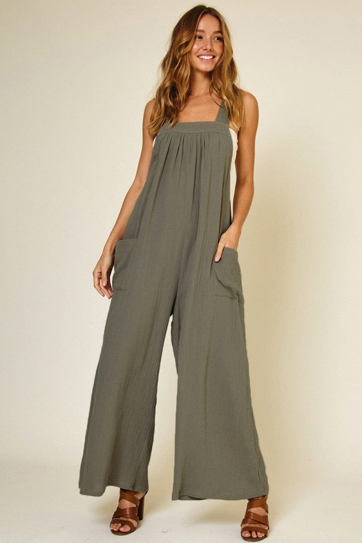 Ces Femme Cotton Gauze Solid Wide Leg Jumpsuit