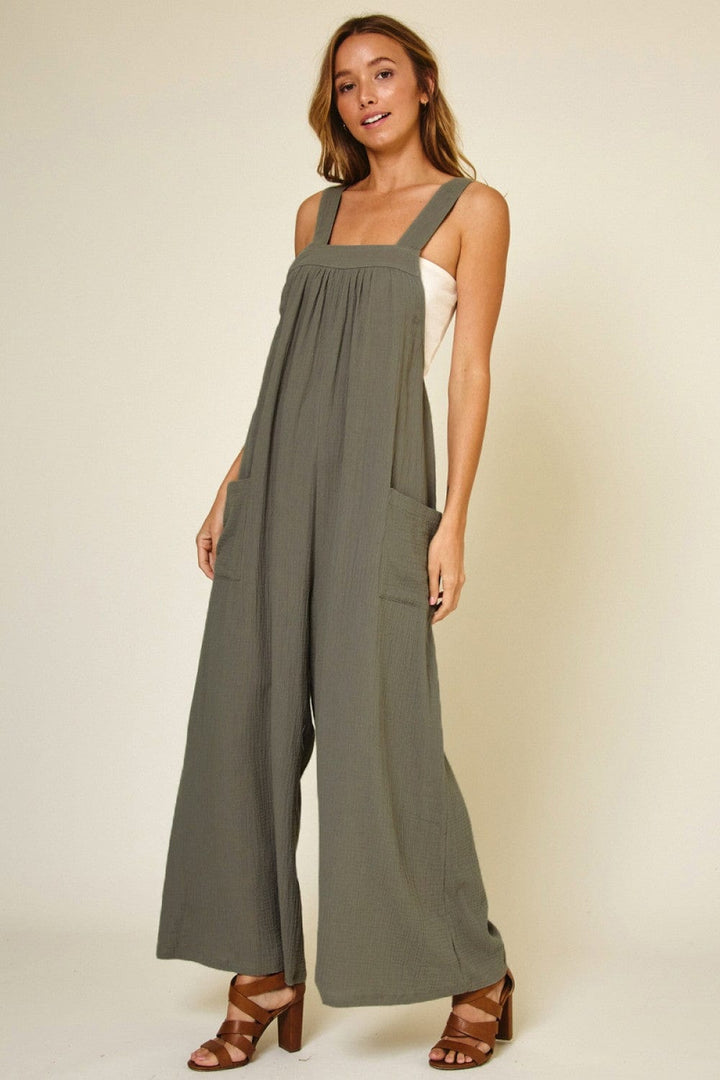 Ces Femme Cotton Gauze Solid Wide Leg Jumpsuit