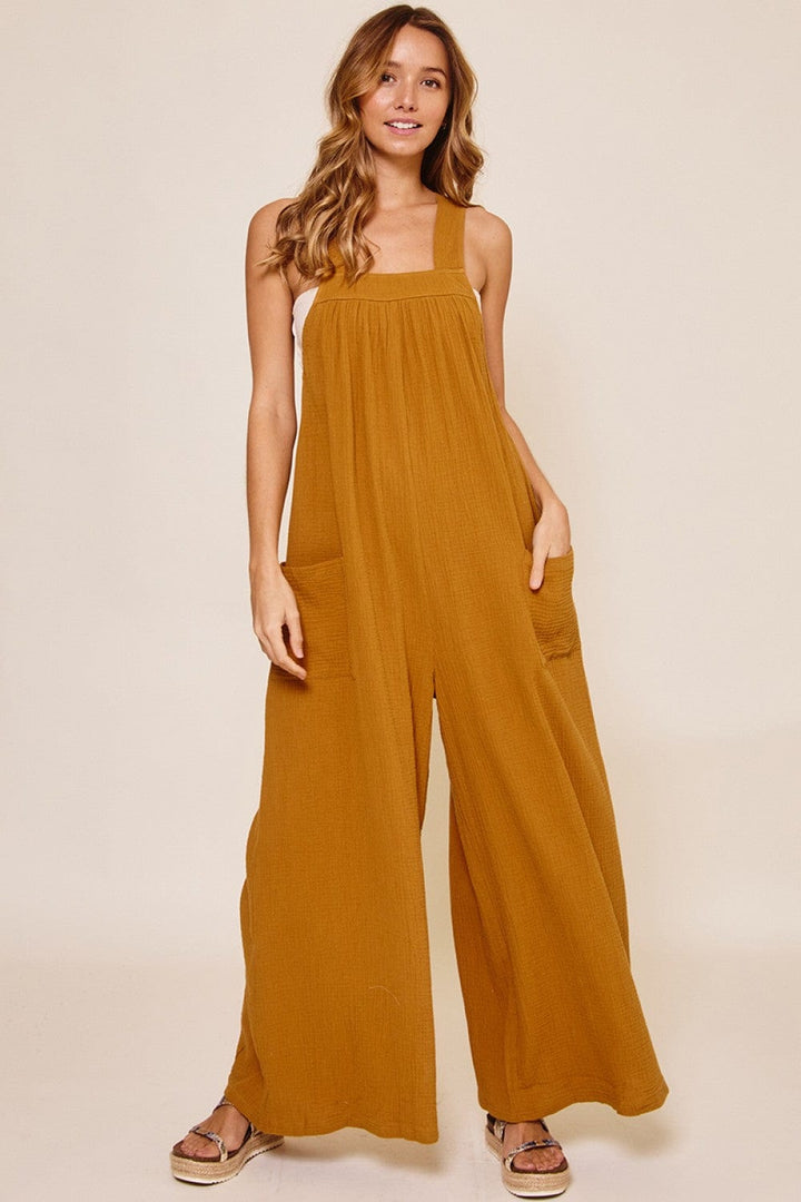 Ces Femme Cotton Gauze Solid Wide Leg Jumpsuit