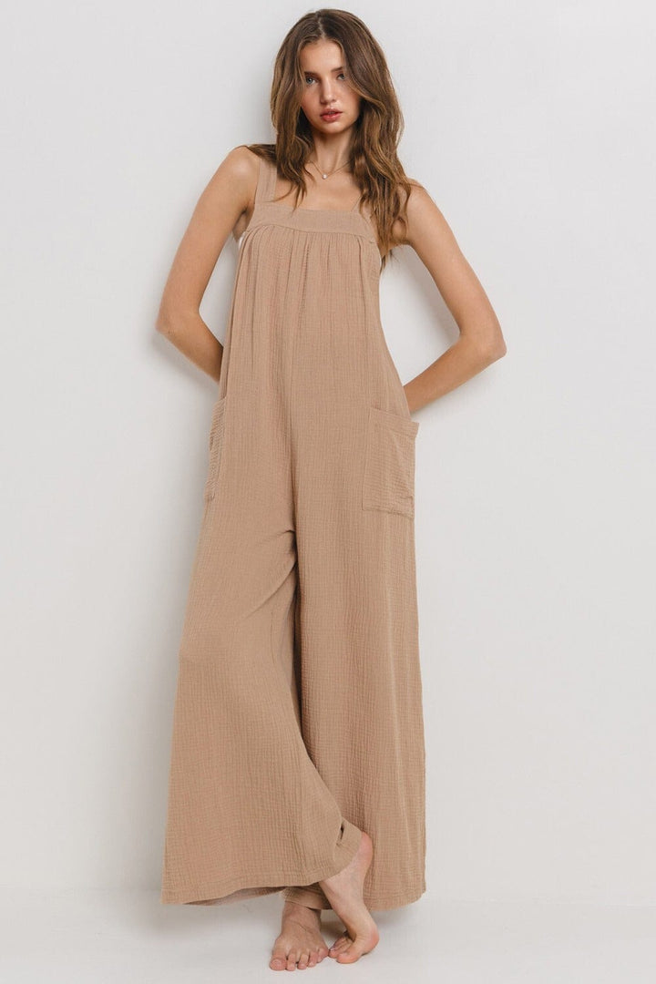 Ces Femme Cotton Gauze Solid Wide Leg Jumpsuit