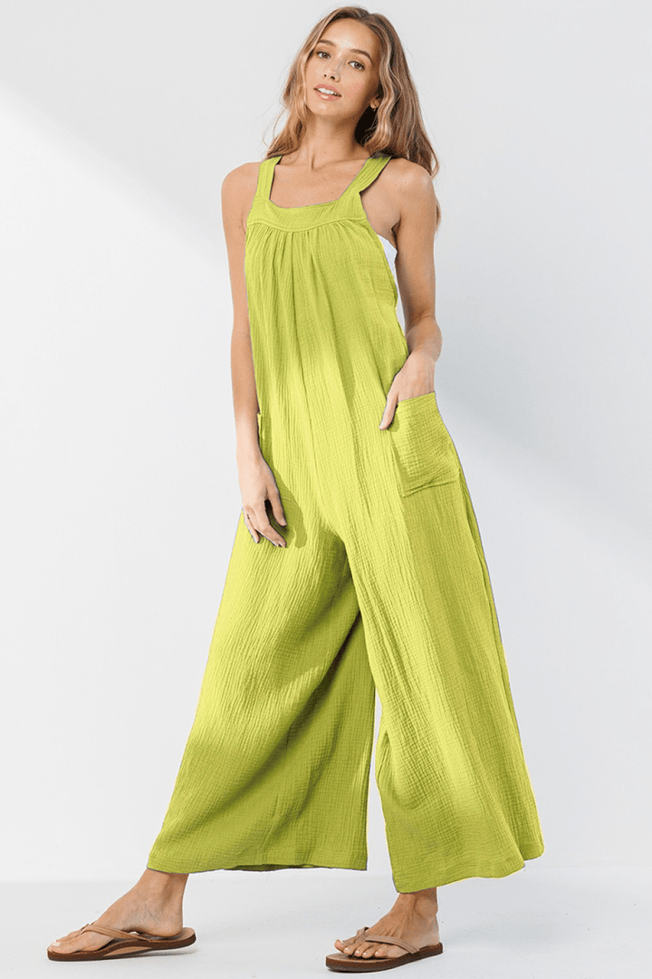 Ces Femme Cotton Gauze Solid Wide Leg Jumpsuit