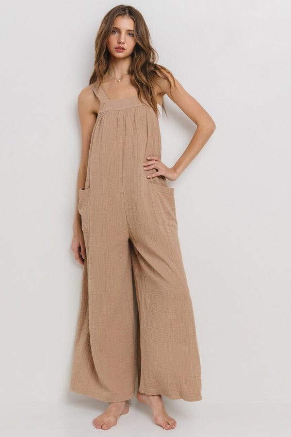 Ces Femme Cotton Gauze Solid Wide Leg Jumpsuit