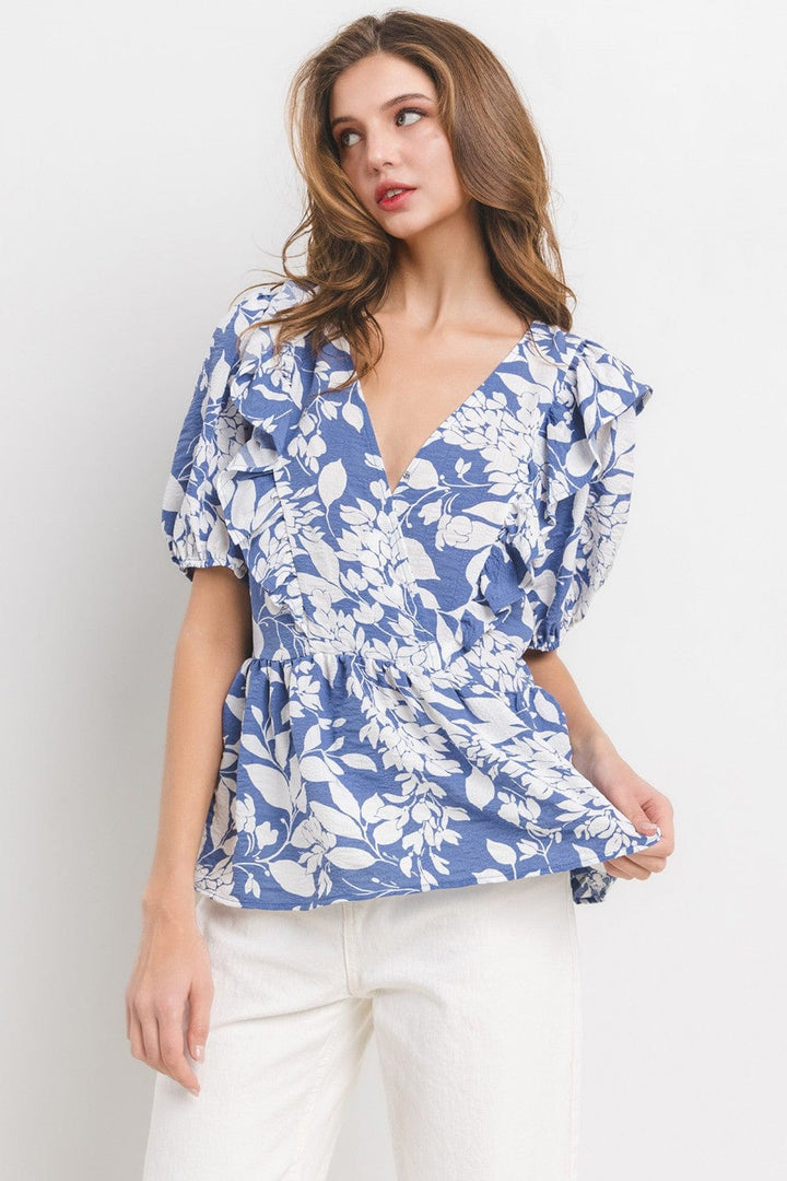 Ces Femme Floral Print Shirring V-neck Blouse