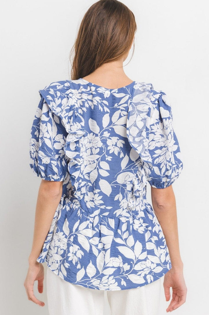 Ces Femme Floral Print Shirring V-neck Blouse