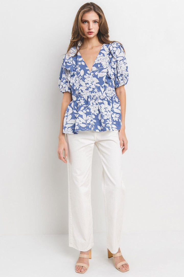 Ces Femme Floral Print Shirring V-neck Blouse