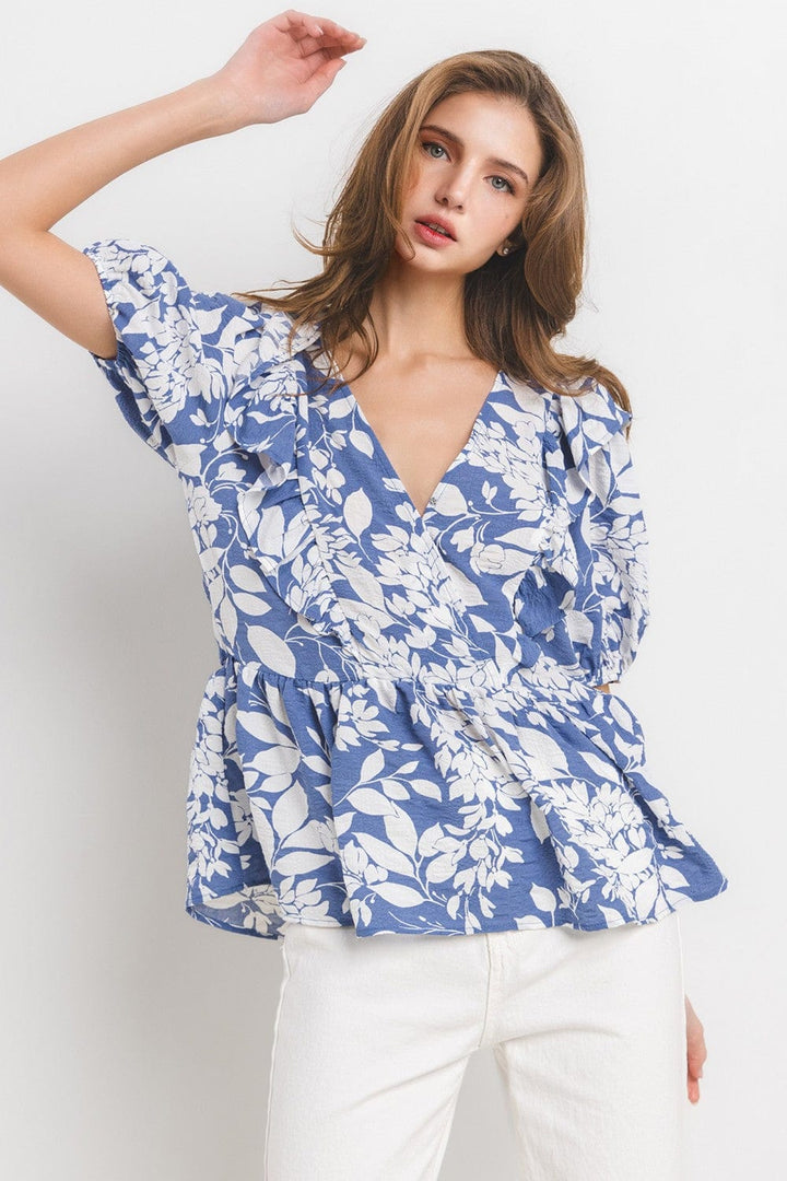 Ces Femme Floral Print Shirring V-neck Blouse