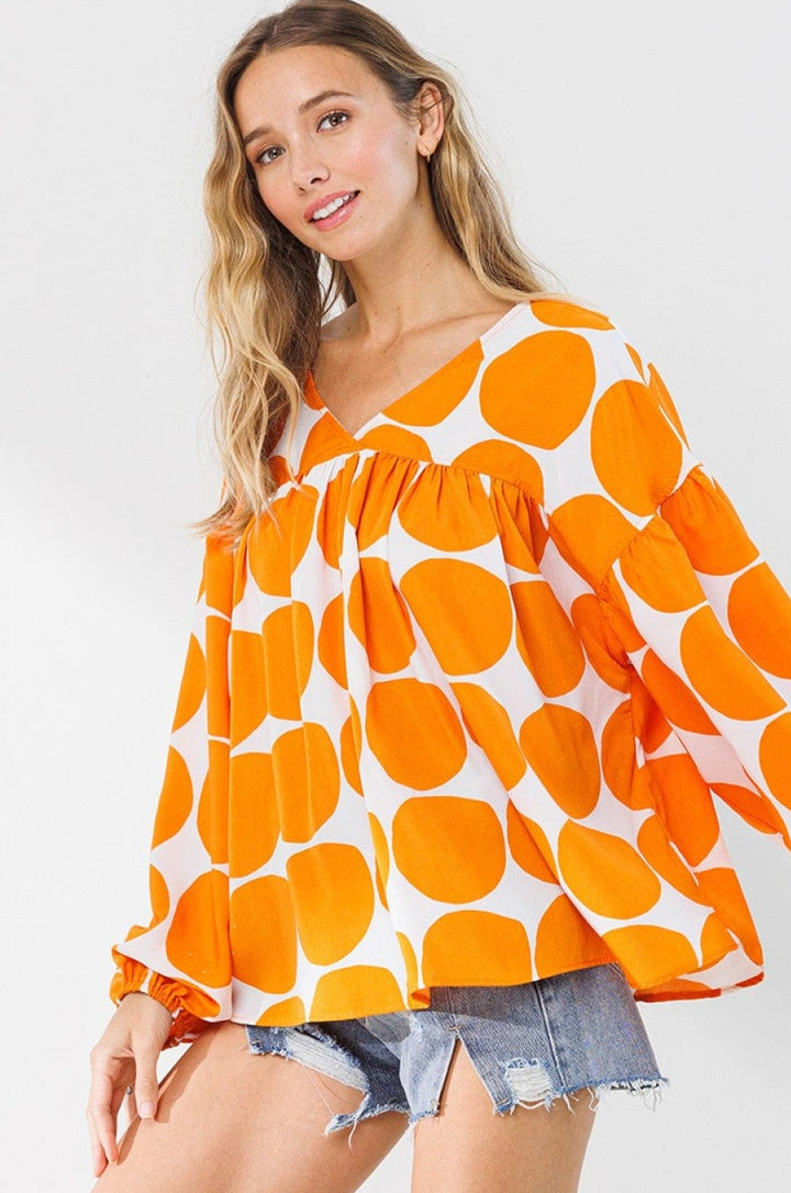 Ces Femme Orange Polka Dot Billow Long Sleeve Top in Comfortable Fit