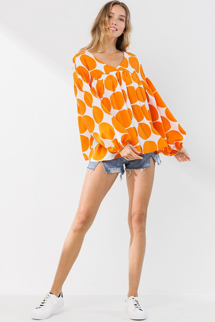 Ces Femme Orange Polka Dot Billow Long Sleeve Top in Comfortable Fit