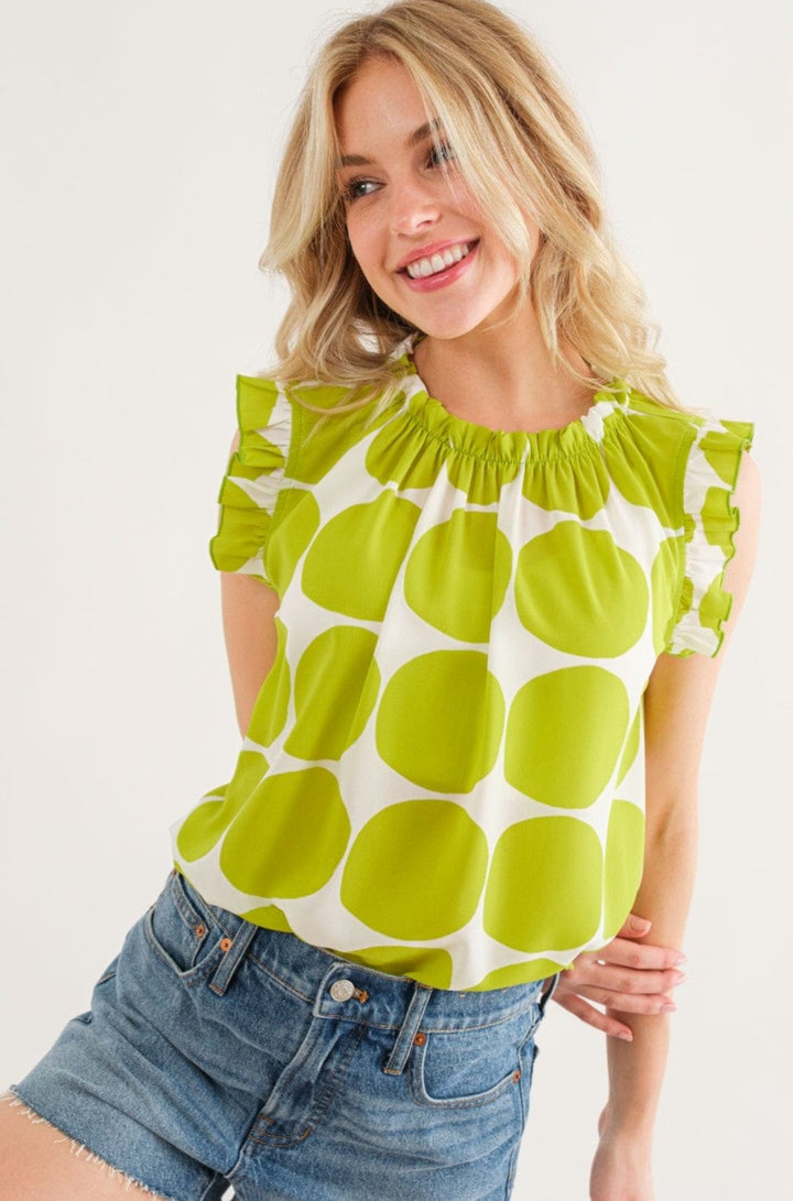 Ces Femme Ruffle Neck Large Polka Dot Cap Sleeve Blouse