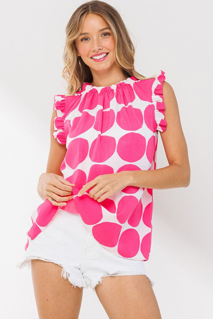 Ces Femme Ruffle Neck Large Polka Dot Cap Sleeve Blouse