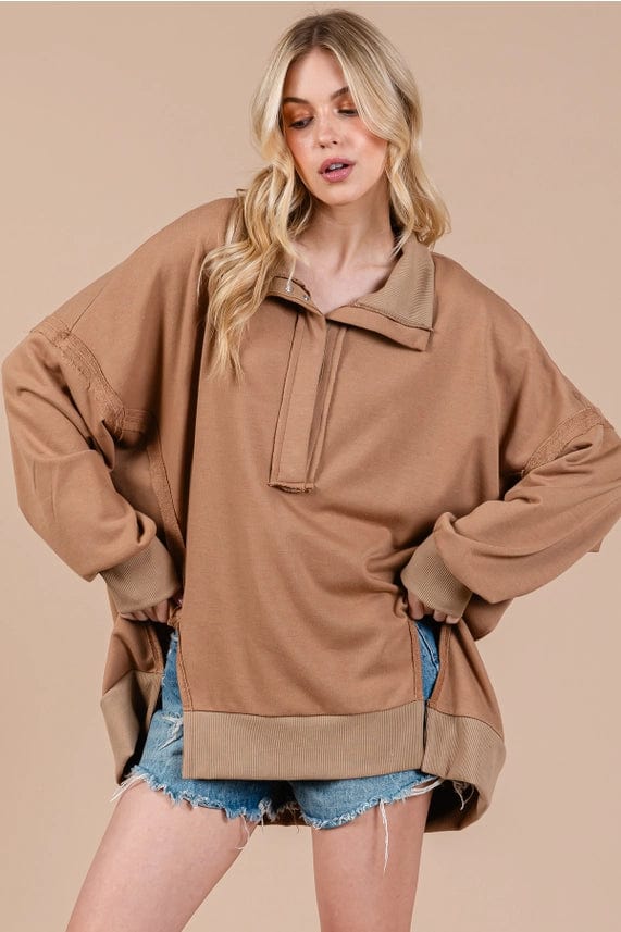 Ces Femme Solid Hi-Low Button Down Split Side Seam Sweatshirt