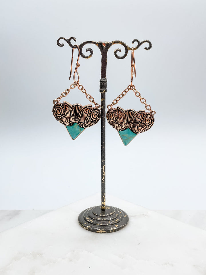 Chain Attached Turquoise and Bronze Pendant Earrings