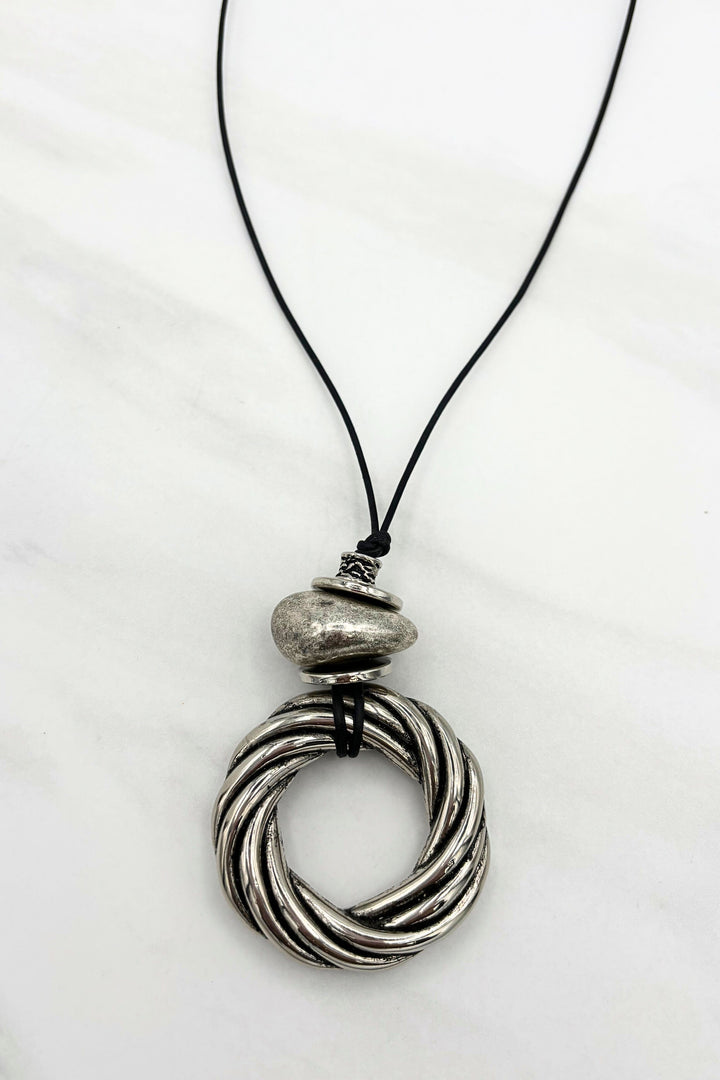 Charis Swirl Ring Pendant and Accent Beads on Leather Cord Necklace