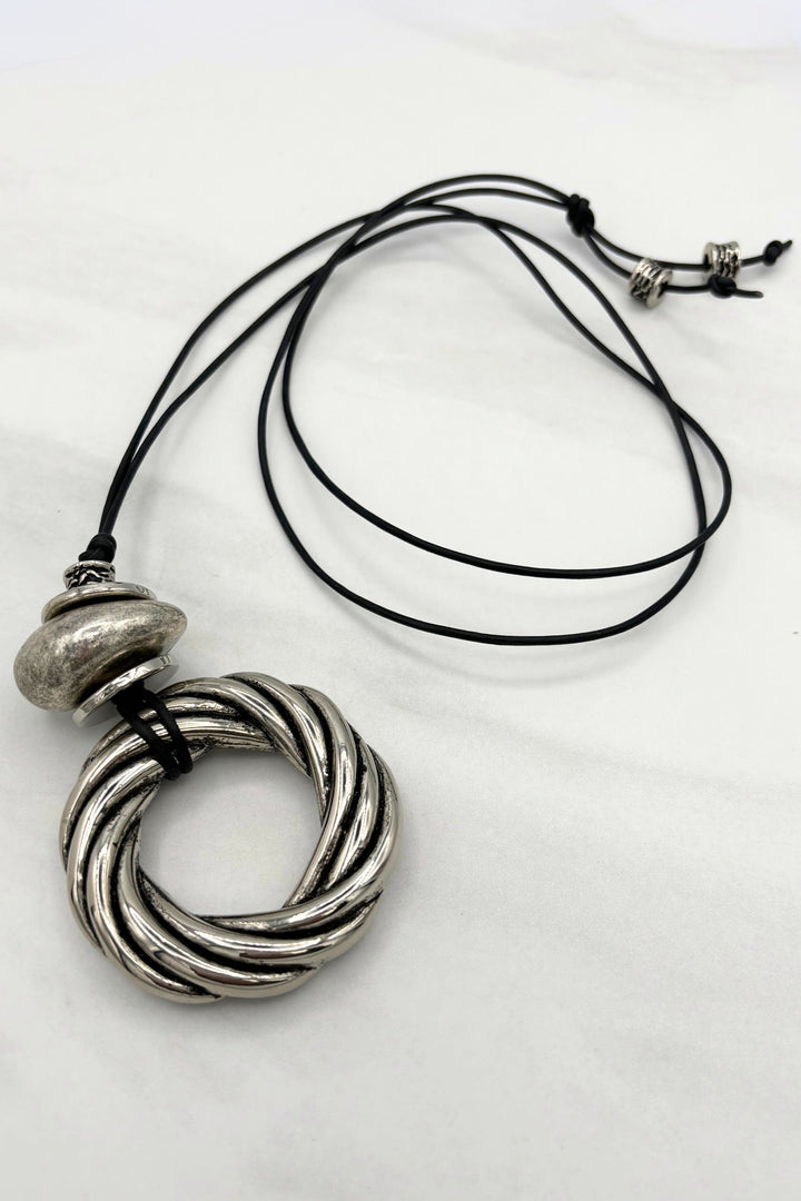 Charis Swirl Ring Pendant and Accent Beads on Leather Cord Necklace