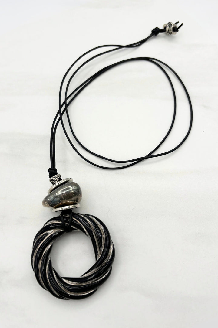 Charis Swirl Ring Pendant and Accent Beads on Leather Cord Necklace