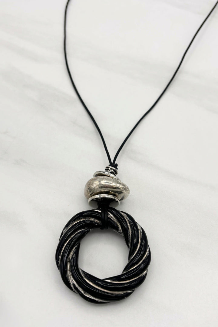 Charis Swirl Ring Pendant and Accent Beads on Leather Cord Necklace