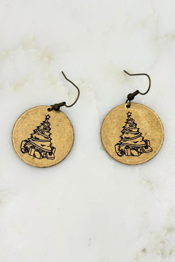 Christmas Gifts Under the Tree Large Engraved Coin Dangle Earrings