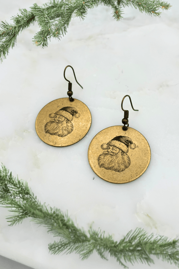 Christmas Santa Engraved Coin Dangle Earrings